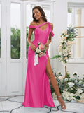 Sheath/Column Charmeuse Ruched Off-the-Shoulder Sleeveless Sweep/Brush Train Bridesmaid Dresses TPP0004898