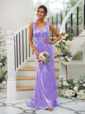 Sheath/Column Sequins Ruched V-neck Sleeveless Sweep/Brush Train Bridesmaid Dresses TPP0004958