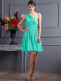 A-Line/Princess One-Shoulder Sleeveless Pleats Short Chiffon Bridesmaid Dresses TPP0005105