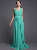 A-Line/Princess V-neck Sleeveless Long Ruffles Chiffon Bridesmaid Dresses TPP0005515