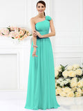 A-Line/Princess One-Shoulder Pleats Hand-Made Flower Sleeveless Long Chiffon Bridesmaid Dresses TPP0005131