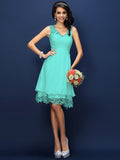 A-Line/Princess V-neck Lace Sleeveless Short Bridesmaid Dresses TPP0005236