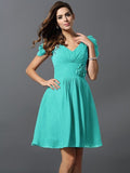 A-Line/Princess V-neck Hand-Made Flower Short Sleeves Short Chiffon Bridesmaid Dresses TPP0005481