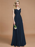 A-Line/Princess V-neck Sleeveless Ruched Floor-Length Silk like Satin Bridesmaid Dresses TPP0005430