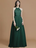 A-Line/Princess Halter Sleeveless Floor-Length Ruffles Tulle Bridesmaid Dresses TPP0005376