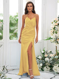 Sheath/Column Elastic Woven Satin Ruched Spaghetti Straps Sleeveless Sweep/Brush Train Bridesmaid Dresses TPP0004935