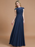 A-Line/Princess Scoop Short Sleeves Chiffon Floor-Length Bridesmaid Dresses TPP0005597