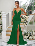 Sheath/Column Silk like Satin Ruched V-neck Sleeveless Sweep/Brush Train Bridesmaid Dresses TPP0004907