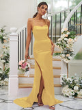 Sheath/Column Elastic Woven Satin Ruched Square Sleeveless Sweep/Brush Train Bridesmaid Dresses TPP0004933