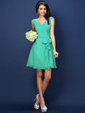 A-Line/Princess V-neck Pleats Bowknot Sleeveless Short Chiffon Bridesmaid Dresses TPP0005372