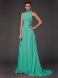 A-Line/Princess Halter Sleeveless Hand-Made Flower Long Chiffon Bridesmaid Dresses TPP0004909