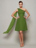 A-Line/Princess One-Shoulder Sleeveless Pleats Short Chiffon Bridesmaid Dresses TPP0005095