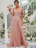 A-Line/Princess Chiffon Ruched V-neck Sleeveless Sweep/Brush Train Bridesmaid Dresses TPP0004916