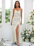 Sheath/Column Elastic Woven Satin Ruched Spaghetti Straps Sleeveless Sweep/Brush Train Bridesmaid Dresses TPP0004935