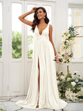 A-Line/Princess Jersey Ruffles V-neck Sleeveless Sweep/Brush Train Bridesmaid Dresses TPP0004896