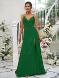 A-Line/Princess Silk like Satin Ruched V-neck Sleeveless Floor-Length Bridesmaid Dresses TPP0004934