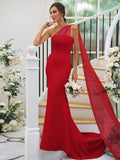 Sheath/Column Stretch Crepe Ruched One-Shoulder Sleeveless Sweep/Brush Train Bridesmaid Dresses TPP0004913