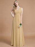 A-Line/Princess V-neck Sleeveless Ruched Floor-Length Chiffon Bridesmaid Dresses TPP0005343