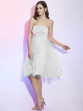 A-Line/Princess Strapless Sleeveless Hand-Made Flower Short Net Bridesmaid Dresses TPP0005221