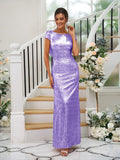 Sheath/Column Sequins Ruched Scoop Short Sleeves Floor-Length Bridesmaid Dresses TPP0004938