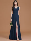 A-Line/Princess V-neck Sleeveless Floor-Length Ruched Chiffon Bridesmaid Dresses TPP0005284