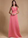 A-Line/Princess V-neck Long Sleeveless Elastic Woven Satin Bridesmaid Dresses TPP0005409