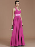 A-Line/Princess Halter Sleeveless Sash/Ribbon/Belt Floor-Length Chiffon Bridesmaid Dresses TPP0005410