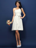 A-Line/Princess One-Shoulder Lace Sleeveless Short Lace Bridesmaid Dresses TPP0005755