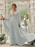 A-Line/Princess Chiffon Ruffles V-neck Long Sleeves Sweep/Brush Train Bridesmaid Dresses TPP0004894