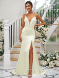 Sheath/Column Silk like Satin Ruched V-neck Sleeveless Sweep/Brush Train Bridesmaid Dresses TPP0004907