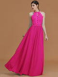 A-Line/Princess Halter Sleeveless Floor-Length Lace Chiffon Bridesmaid Dresses TPP0005137