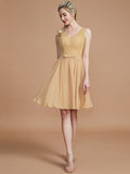 A-Line/Princess V-neck Sleeveless Lace Short/Mini Chiffon Bridesmaid Dresses TPP0005355