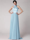 Sheath/Column Halter Sleeveless Pleats Long Elastic Woven Satin Chiffon Bridesmaid Dresses TPP0005653