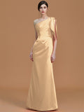 Trumpet/Mermaid One-Shoulder Sleeveless Floor-Length Ruched Satin Bridesmaid Dresses TPP0005353