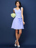 A-Line/Princess V-neck Pleats Bowknot Sleeveless Short Chiffon Bridesmaid Dresses TPP0005372