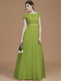 A-Line/Princess Bateau Short Sleeves Floor-Length Sash/Ribbon/Belt Tulle Bridesmaid Dresses TPP0005494