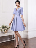 Sheath/Column V-neck Half Sleeves Pleats Taffeta Bridesmaid Dresses TPP0005658