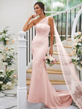 Sheath/Column Stretch Crepe Ruched One-Shoulder Sleeveless Sweep/Brush Train Bridesmaid Dresses TPP0004913