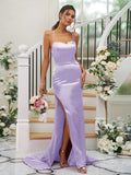 Sheath/Column Elastic Woven Satin Ruched Square Sleeveless Sweep/Brush Train Bridesmaid Dresses TPP0004933