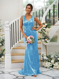 Sheath/Column Sequins Ruched V-neck Sleeveless Sweep/Brush Train Bridesmaid Dresses TPP0004958