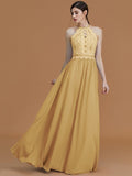 A-Line/Princess Halter Sleeveless Floor-Length Lace Chiffon Bridesmaid Dresses TPP0005137