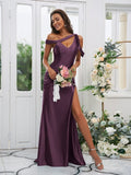 Sheath/Column Charmeuse Ruched Off-the-Shoulder Sleeveless Sweep/Brush Train Bridesmaid Dresses TPP0004898