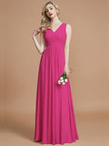 A-Line/Princess V-neck Sleeveless Ruched Floor-Length Chiffon Bridesmaid Dresses TPP0005343