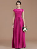 A-Line/Princess Jewel Short Sleeves Lace Floor-Length Chiffon Bridesmaid Dresses TPP0005179