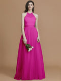 A-Line/Princess Halter Sleeveless Floor-Length Ruffles Tulle Bridesmaid Dresses TPP0005376