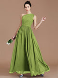 A-Line/Princess One-Shoulder Sleeveless Ruched Floor-Length Chiffon Bridesmaid Dresses TPP0005235