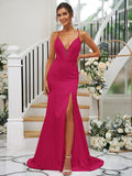 Sheath/Column Silk like Satin Ruched V-neck Sleeveless Sweep/Brush Train Bridesmaid Dresses TPP0004907