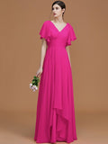 A-Line/Princess V-neck Short Sleeves Floor-Length Ruched Chiffon Bridesmaid Dresses TPP0005041