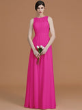 A-Line/Princess Jewel Sleeveless Floor-Length Ruched Chiffon Bridesmaid Dresses TPP0005645