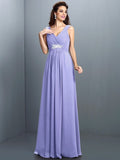 A-Line/Princess V-neck Beading Pleats Sleeveless Long Chiffon Bridesmaid Dresses TPP0005270